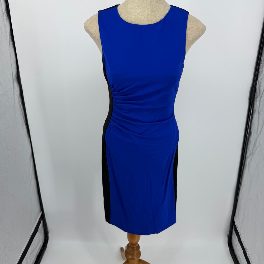 Diane von Furstenberg Sheath Dress Womens 2 Blue Black Colorblock Ruched Career